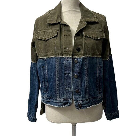 Dear‎ John Denim & Olive Green Streetwear Utility Grunge Trucker Jacket XS - Picture 3 of 9